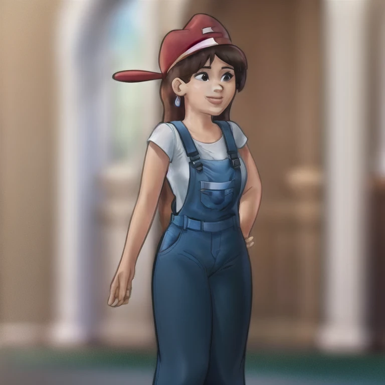 ((work of art, best qualityer)),(complex light), 1 girl ,standing alone, whole body, Lana Alto,   overalls,Red Hat, ssmile,