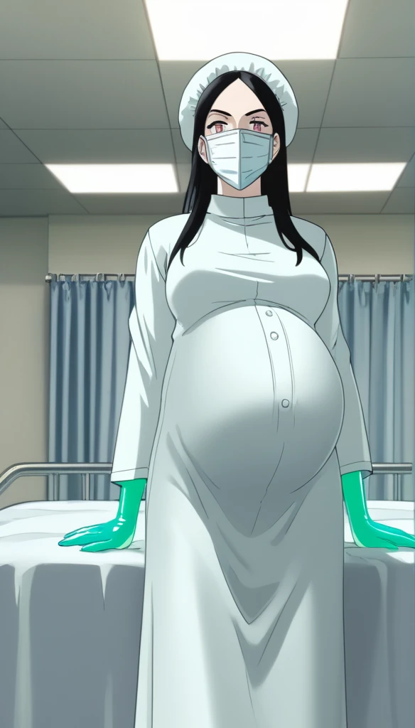 score_9, score_8_up, score_7_up, source_anime, raw image, masterpiece, highest quality, kasuganoray, pale skin, glowing eyes, look at the audience, long black hair, big breasts, scrubs, surgical mask, bouffant cap, long sleeve maternity dress, put on another long sleeved coat, seamless, navel head, the dress isn't wrinkled, long white stockings,
1girl, pregnant, solo, long rubber gloves, looking down, furrowed brow, hospital bed, natural light, standing, patient room background, she is inquiring about the patient's condition