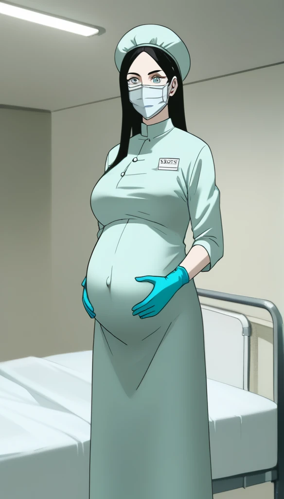 score_9,  score_8_up, score_7_up, source_anime, raw image, masterpiece, highest quality, kasuganoray, pale skin, glowing eyes, look at the audience, long black hair, big breasts, scrubs, surgical mask, bouffant cap, long sleeve maternity dress, put on another long sleeved coat, seamless, navel head, the dress isn't wrinkled, long white stockings,
1girl, pregnant, solo, long rubber gloves, looking down, furrowed brow, hospital bed, natural light, standing, patient room background, she is inquiring about the patient's condition