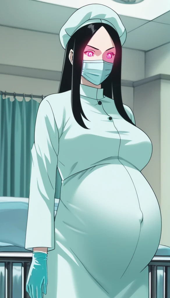score_9, score_8_up, score_7_up, source_anime, raw image, masterpiece, highest quality, kasuganoray, pale skin, glowing eyes, look at the audience, long black hair, big breasts, scrubs, surgical mask, bouffant cap, long sleeve maternity dress, put on another long sleeved coat, seamless, navel head, the dress isn't wrinkled, long white stockings,
1girl, pregnant, solo, long rubber gloves, looking down, furrowed brow, hospital bed, natural light, standing, patient room background, she is inquiring about the patient's condition