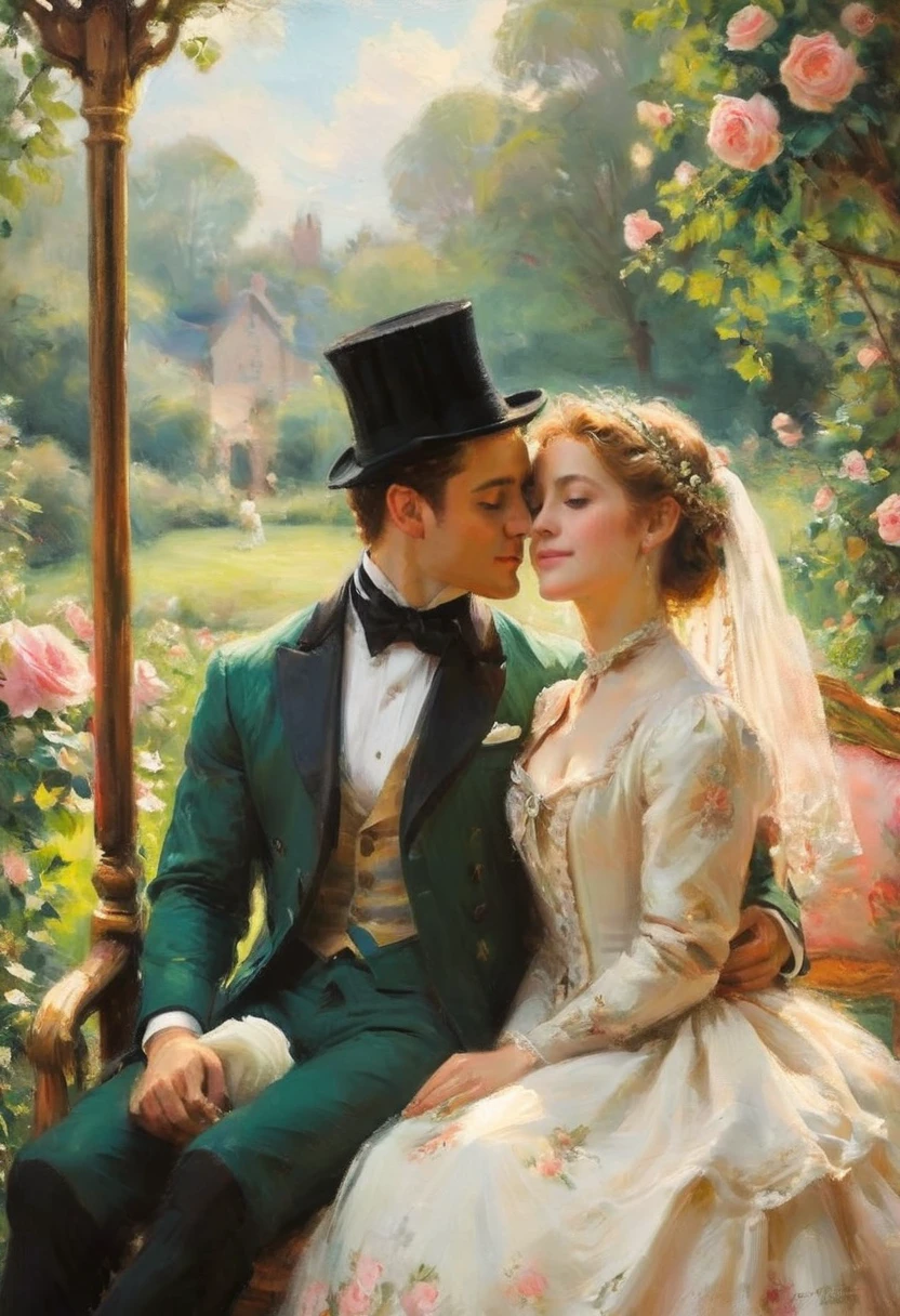 oil painting of handsome gay couple of hunk irish mens with a wedding suits,cuddling,in a beautiful rose swing,morning bright, warm vibrant,by beatrix potter,soft shadows,dreamy,etheral atmosphere,masterpiece,baroque,masterpiece,sharp details,massive level of details,trending on pinterest,
