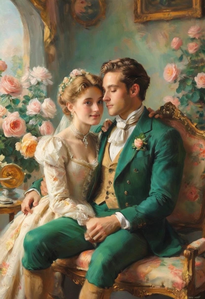 oil painting of handsome gay couple of hunk irish mens with a wedding suits,cuddling,in a beautiful rose swing,morning bright, warm vibrant,by beatrix potter,soft shadows,dreamy,etheral atmosphere,masterpiece,baroque,masterpiece,sharp details,massive level of details,trending on pinterest,
