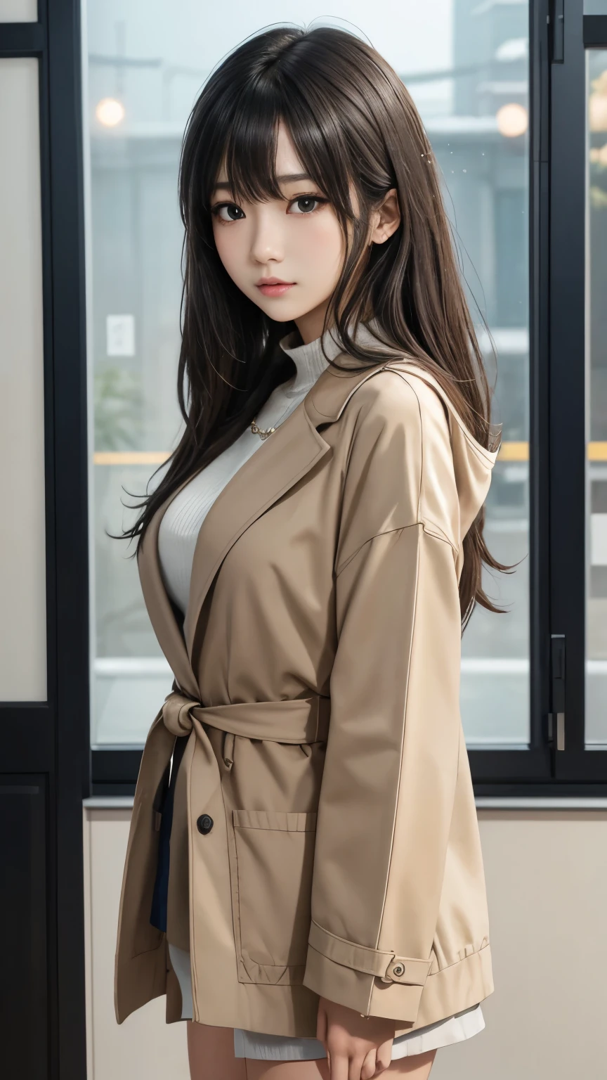 (最高qualityのディテール)、Realistic、8K Ultra HD、High resolution、(One Girl:1.2),(Fatal Beauty,Attractive beauty) ,(A supple and powerful physique),(Sensual charm),(Mysterious charm:1.1),(Captivating silhouette),The 超detailedな、高qualityのテクスチャ、Intricate details、detailed、非常にdetailedなCG、高qualityの影、detailed 美しく繊細な顔、detailed 美しく繊細な目、Written boundary depth、Ray Tracing、20th Generation、Cute K-Pop Girls、(The Face of Ulzan in Korea)、Thin face、(Urzan-6500-v1.1:0.6)、PurerosFace_v1、Glowing Eyes、Perfect body、 Viewer Display、(最高qualityのディテール:1.2)、Realistic、8K Ultra HD、High resolution、Woman close up， realistic girl rendering, 8k artistic german bokeh, Enchanting girl, Real Girls, Gurwitz, Gurwitz-style artwork, Girl Roleplay, Realistic 3D style, cgstation Popular Topics,, 8K Portrait Rendering,（truth，truth：1.4），(Sparkling eyes girl:1.2)、The 超detailedな、高qualityのテクスチャ、Intricate details、detailed、非常にdetailedなCG、高qualityの影、detailed 美しく繊細な顔、detailed 美しく繊細な目、Written boundary depth、Ray Tracing、20th Generation、Cute K-Pop Girls、(The Face of Ulzan in Korea)、Thin face、(Urzan-6500-v1.1:0.6)、cheek、Glossy Lips、、High resolution, Best image quality, 最高quality, Realistic, 超detailedな, Photo Real, 4K 8K Ultra HD Full Color RAW Photos, Fujifilm(Medium format), Hasselblad, Carl Zeiss, Incredible dynamic range photography(utility_art：Smooth-768:1.1),High resolution, High pixel count, 明確なdetailed, Clear images, Natural color reproduction, Noise Reduction, High fidelity, quality, Software Improvements, Upscaling, Optimized Algorithms, Professional-level retouching,

1. Oversized coat:

The coat is、Choose an oversized design that covers from shoulders to knees.。Color is classic navy or black、or warm khaki or beige, wait.、Choose colors that match the season。
2. Knitted sweater or turtleneck:

To protect yourself from the cold、Knitted sweater or turtleneckを選択してください。Match the texture and color of the knit to the coat.。
3. Wide leg pants:

For pants, Choose a wide-leg design、Combines ease of movement and style。Denim in dark tones or black trousers will look good.。
4. Knee-high boots:

What is included in an oversized coat、足首からふくらはぎまでカバーするKnee-high bootsとの組み合わせ。Boots are black or dark brown and chic.、Gives a stylish impression。
5. accessories:

シンプルなゴールドまたはシルバーのaccessoriesを選択してください、Add elegance to your outfit。for example、Long necklaces and large earrings are recommended.。
6. Handbags:

Handbags、Choose a color that matches the tone of your outfit.。Shoulder bags and tote bags are convenient and stylish。
7. Compensateと髪型:

Compensate, Choose natural colors that flatter your skin。Wavy Hair、By creating loose curls、Appeal to softness。