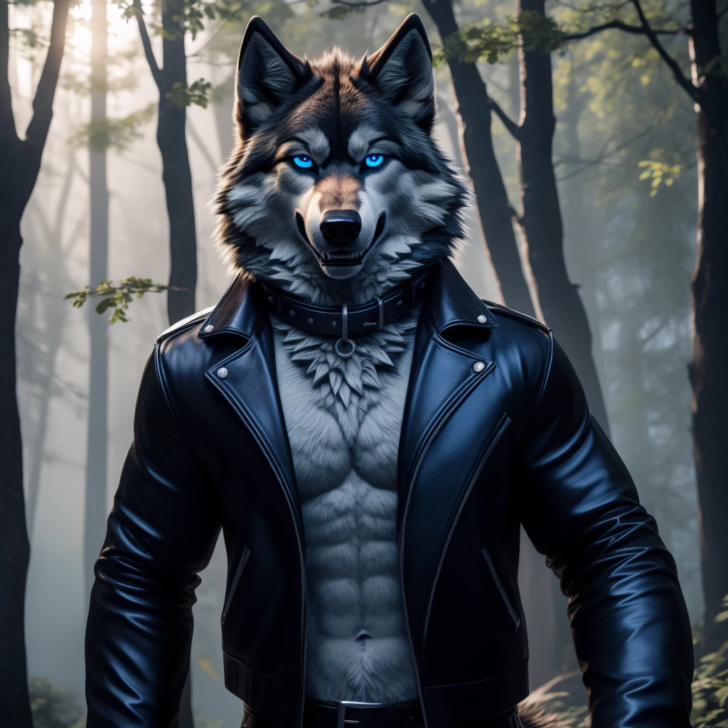 Posing, Male, 30 years old, eyeliner, black leather jacket, anthro, wolf ears, (black fur:1.5), wolf, forest background, 8k, hi res, (best quality, masterpiece), (wolf tail:1.5), detailed fur, solo, blue jeens, blue eyes, collar, big evil grin,
