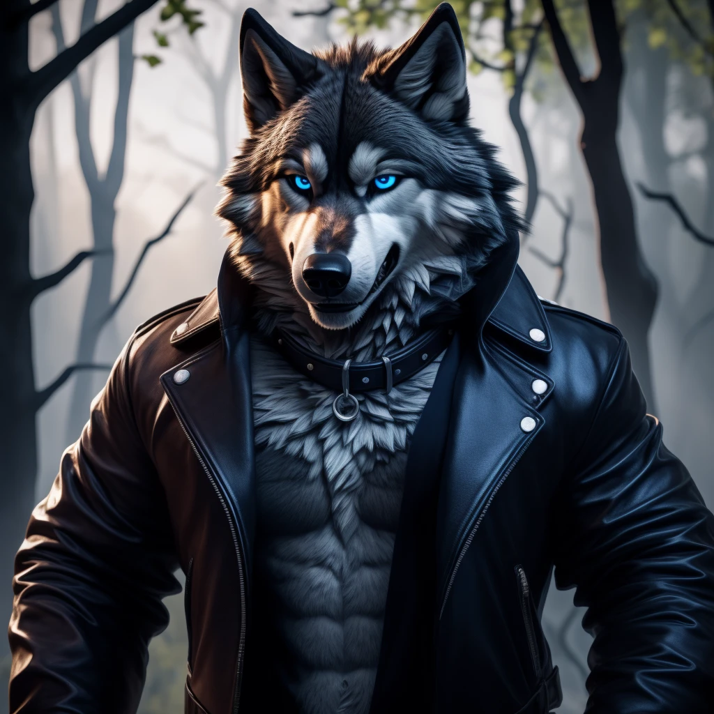 Posing, Male, 30 years old, eyeliner, black leather jacket, anthro, wolf ears, (black fur:1.5), wolf, forest background, 8k, hi res, (best quality, masterpiece), (wolf tail:1.5), detailed fur, solo, blue jeens, blue eyes, collar, big evil grin,