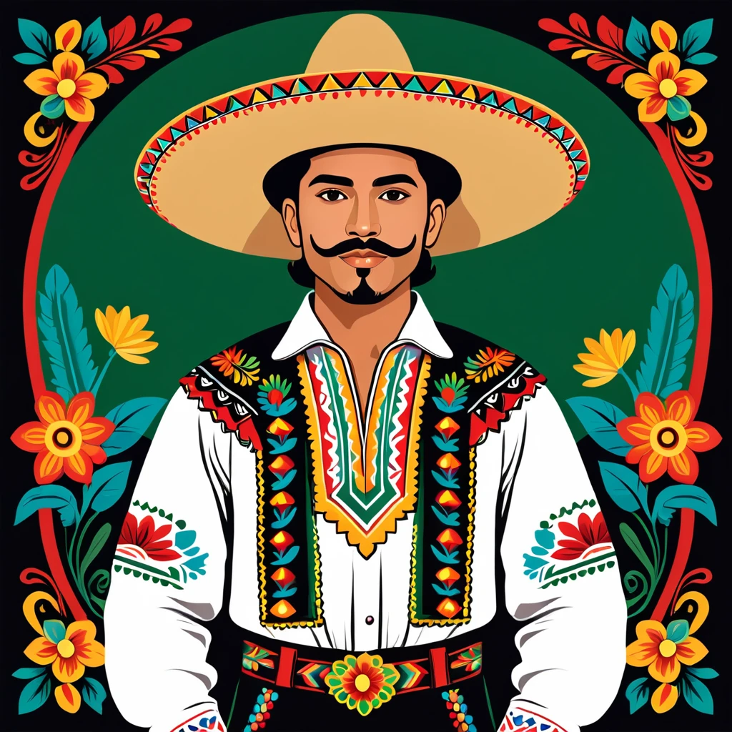 man in mexican folk outfit, vector graphics, strong contours