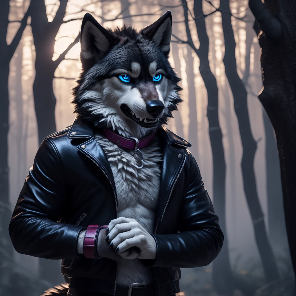 Posing Male, 30 years old, cute, eyeliner, black leather jacket, anthro, wolf ears, (black fur:1.5), wolf, forest background, 8k, hi res, (best quality, masterpiece), (wolf tail:1.5), detailed fur, solo, blue jeens, blue eyes, angery expression, (holding collar in hand:1.5), barring teeth