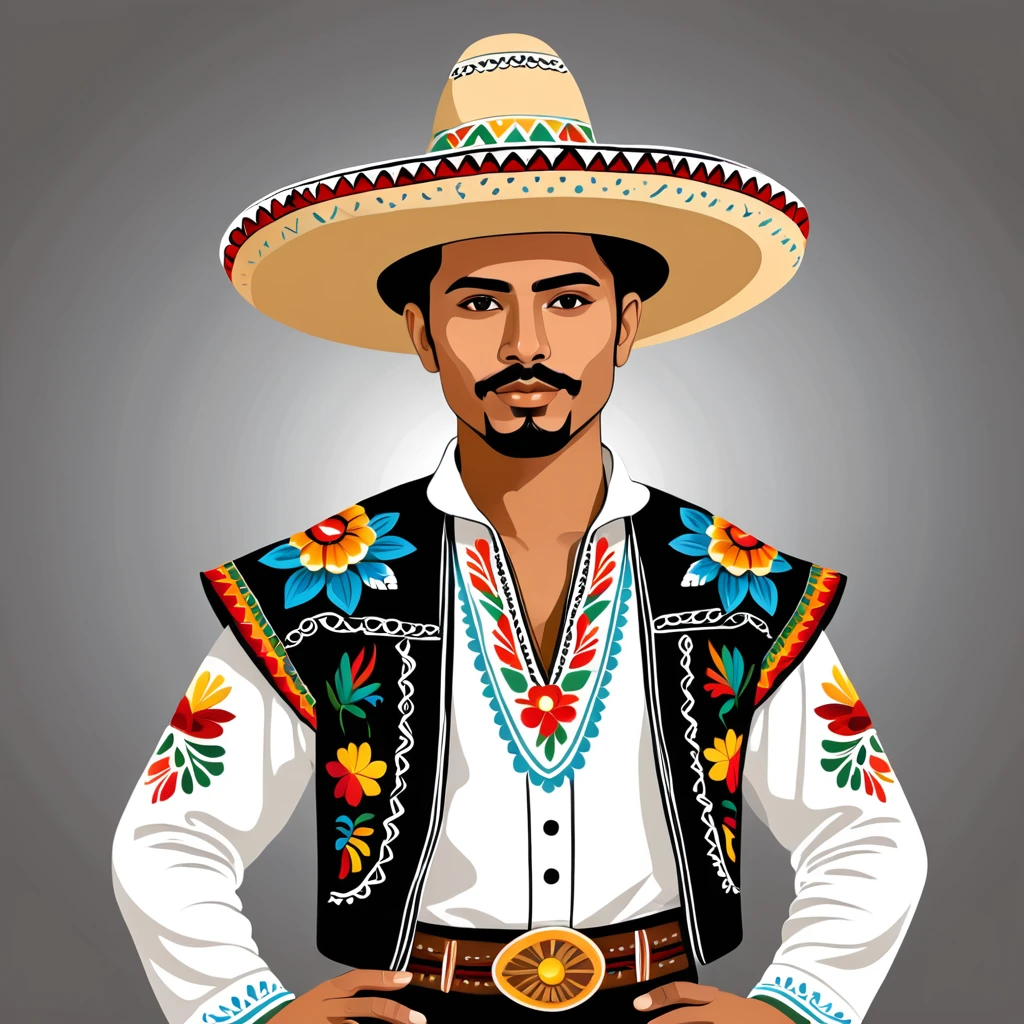 man in mexican folk outfit, vector graphics, strong contours
