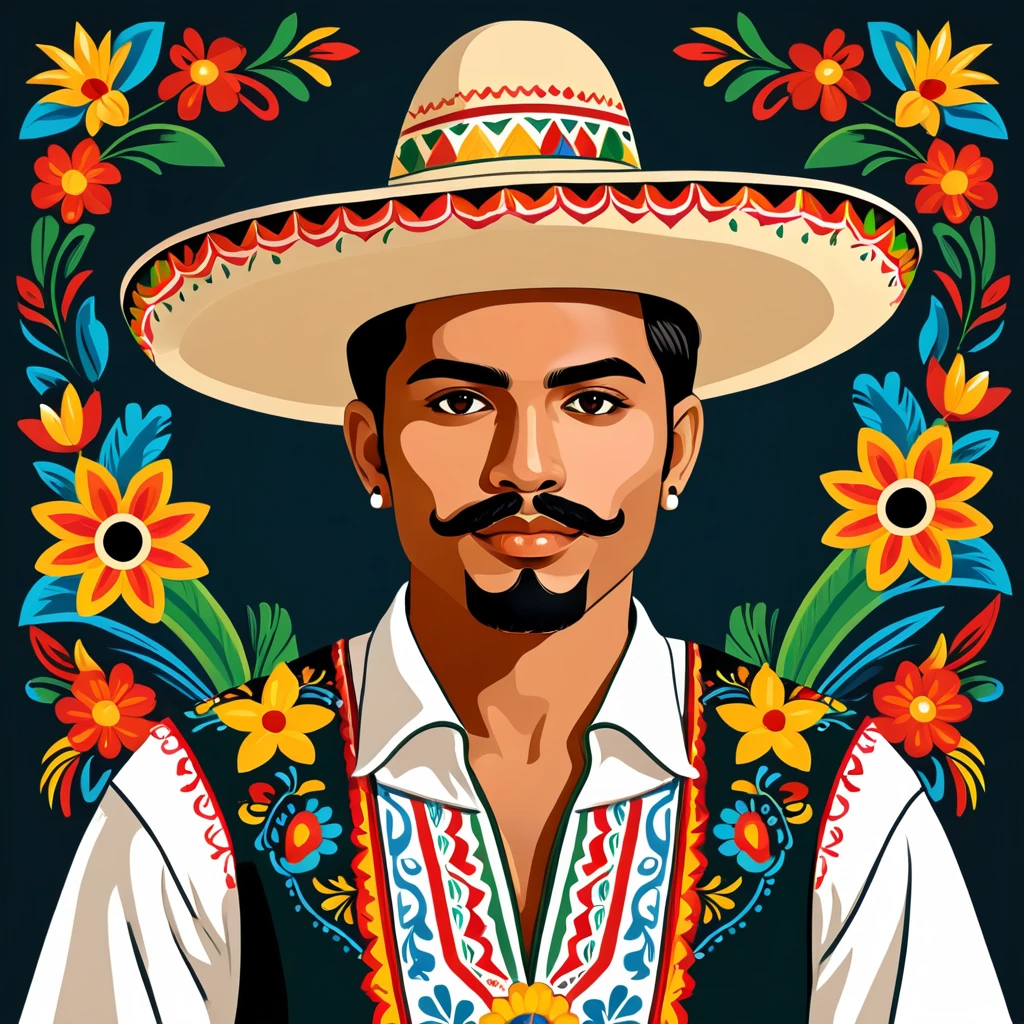 man in mexican folk outfit, vector graphics, strong contours