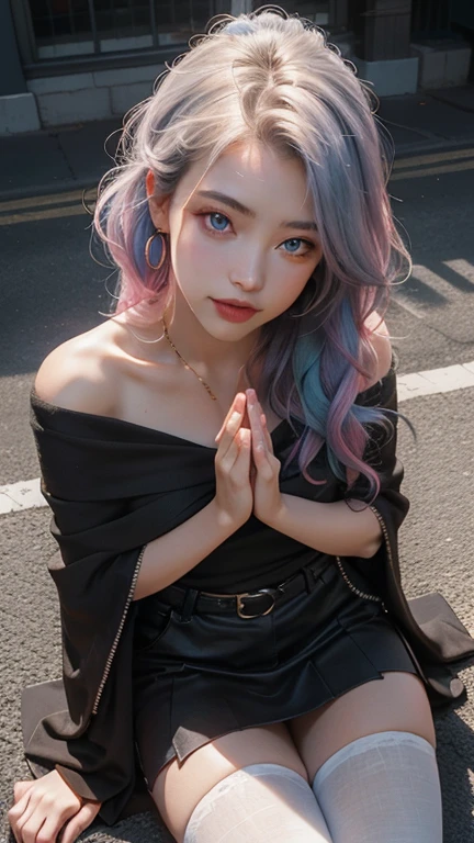 ((best quality)), ((masterpiece)), (detailed), 1girl, off-shoulder sweater, Girl, 17 years old, rainbow colored hair, colorful hair, half blue and half pink hair, golden long curly hair, silver hair, extra long hair, blue sky, summer, petal only IQUID, hood, black cloak, red and black torn dress, sky, outdoors, clouds, smile, sky blue eyes, exposed shoulders, perfect hands, repaired fingers, earrings, ocean, lookingatviewer Cowboy lens, top quality, rich details, perfect image quality, sunrise, scenery, bright colors, clear focus, best quality, depth of field, film light, petals in the wind, silver eyes, glow, maid, shiny hair, seen from above, hands together, close-up, super realistic 8k cg, perfect face, perfect, clean, masterpiece, professional art, famous art, perfect face, beautiful face, beautiful eyes, perfect female body, solo, immersive atmosphere, light and dark contrast, bright light, bright light, powder blusher, charming expression, extremely delicate eyes, thick thighs, plump, plump Beautiful and detailed background, lifelike, long lens, shirt, pleated skirt, sitting, whole body, ambient light, film composition, neon light, HDR Emphasize lighting, white pantyhose, best quality, 3D, cyberpunk female images, ray tracing, NVIDIA RTX, super-resolution, Unreal 5, subsurface scattering PBR texture, post-processing, anisotropic filtering, maximum clarity, multi-layer texture, reflectivity, specular reflection image, surface coloring, precise simulation, light material interaction, perfect proportion, octane rendering, dual tone lighting, wide aperture, low ISO, white balance, one-third rule, 8K RAW, very detailed face, very detailed eyes and face, beautiful details eyes, body parts, official art, unified 8K wallpaper, super detailed, original, super fine photos, ultra-high resolution, realistic realism, sunlight, full body portrait, stunning beauty, dynamic posture, exquisite face, vibrant eyes, looking from the front, Spider Man suit, red and black color mat