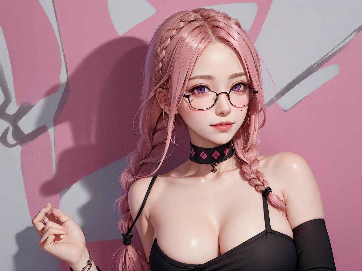 (Masterpiece, best quality, 1 girl, alone, complicated details, Chromatic aberration), realistic, ((Moderate breath)),long hair, pink hair, Red headpiece, Pink Highlights, hair on one eye,purple eyes, earring, sharp eyes, choker, Neon coat, She wears a collar, bangle, and kimono style garters., crop top, (symmetrical eyes),(Perfect symmetrical body),against the wall, Brick wall, (colorful graffiti words on the wall:1.2), The light is dim., alley ,Look at the viewer.、Dig the chest、smile、(sleeveless、Navel touch、Fitted turtleneck.)、street string hot pants、Thin bottom、Please build above the eaves..、Thin shoulders、1 Female,Brown Hair, ,((Anxious expression)),Beautiful breasts,School Swimsuit、Stylish,,(Look forward)(((Blushing、Surprised expression)),(((Braid))),((( Upper body portrait)))Frameless Glasses