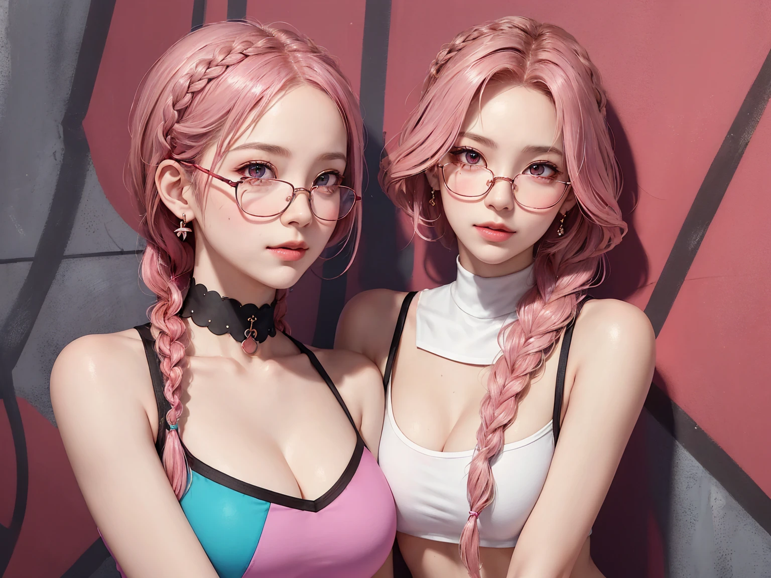 (Masterpiece, best quality, 1 girl, alone, complicated details, Chromatic aberration), realistic, ((Moderate breath)),long hair, pink hair, Red headpiece, Pink Highlights, hair on one eye,purple eyes, earring, sharp eyes, choker, Neon coat, She wears a collar, bangle, and kimono style garters., crop top, (symmetrical eyes),(Perfect symmetrical body),against the wall, Brick wall, (colorful graffiti words on the wall:1.2), The light is dim., alley ,Look at the viewer.、Dig the chest、smile、(sleeveless、Navel touch、Fitted turtleneck.)、street string hot pants、Thin bottom、Please build above the eaves..、Thin shoulders、1 Female,Brown Hair, ,((Anxious expression)),Beautiful breasts,School Swimsuit、Stylish,,(Look forward)(((Blushing、Surprised expression)),(((Braid))),((( Upper body portrait)))Frameless Glasses