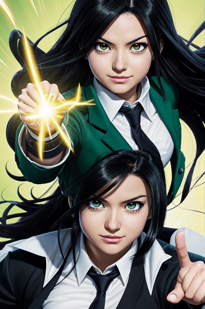 Boku no hero academia comics panel of a female.she has long black hair ,and yellow eyes.she is a villain,she is wearing a business woman clothes,she is fighting izuku midoriya, izuku midoriya next to her, she have blue electric in her hands, hand gestures. 