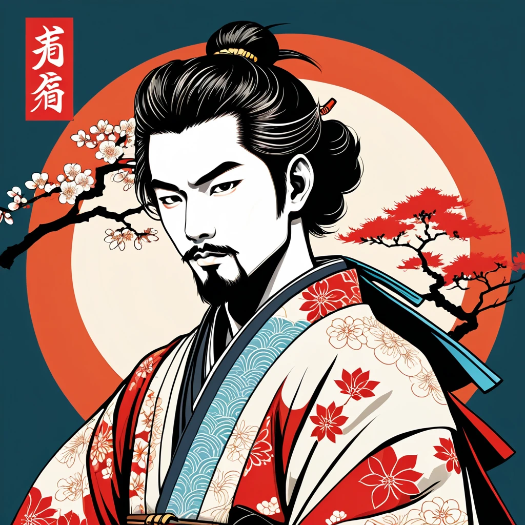 man in japanese folk outfit, vector graphics, strong contours
