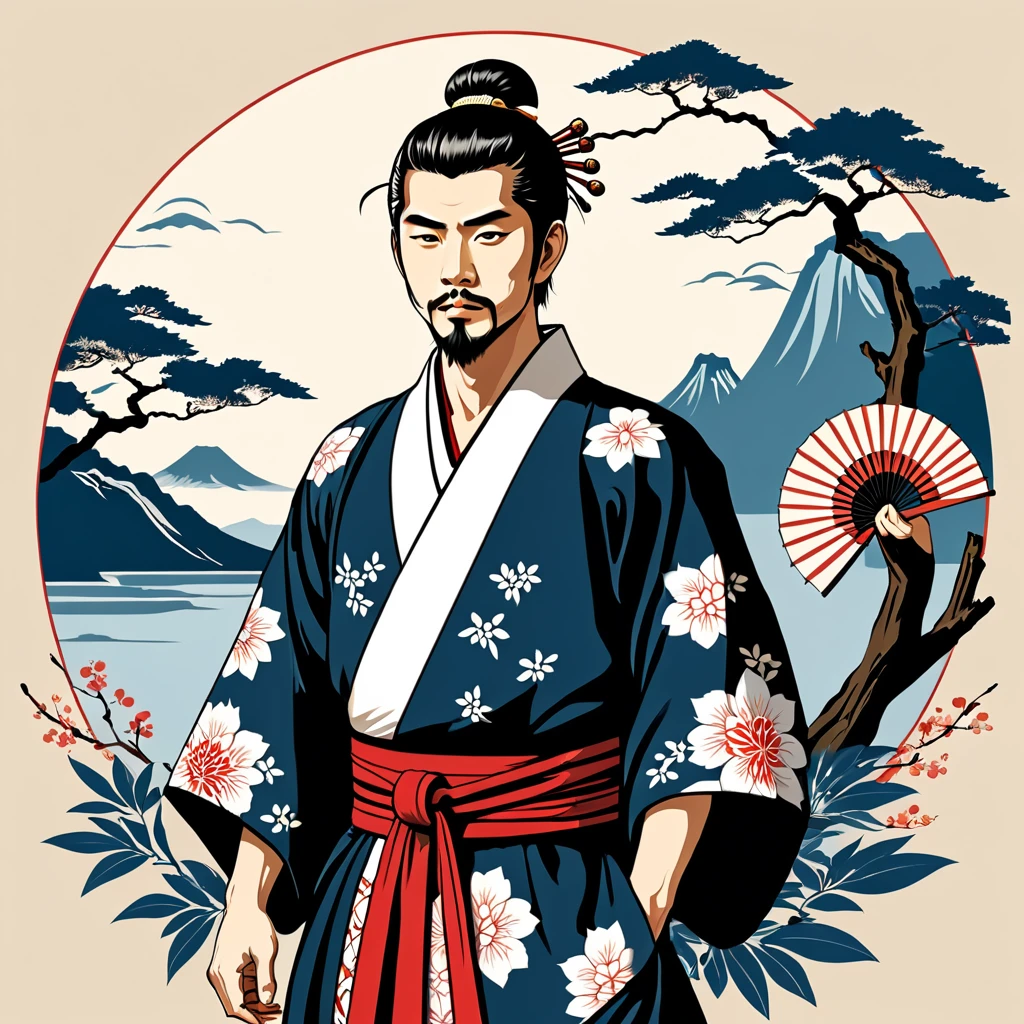 man in japanese folk outfit, vector graphics, strong contours