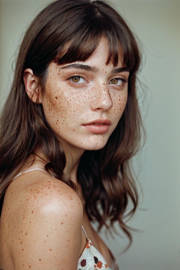 Stunning brunette woman with freckles, Portra 400 film photo, analog inspiration