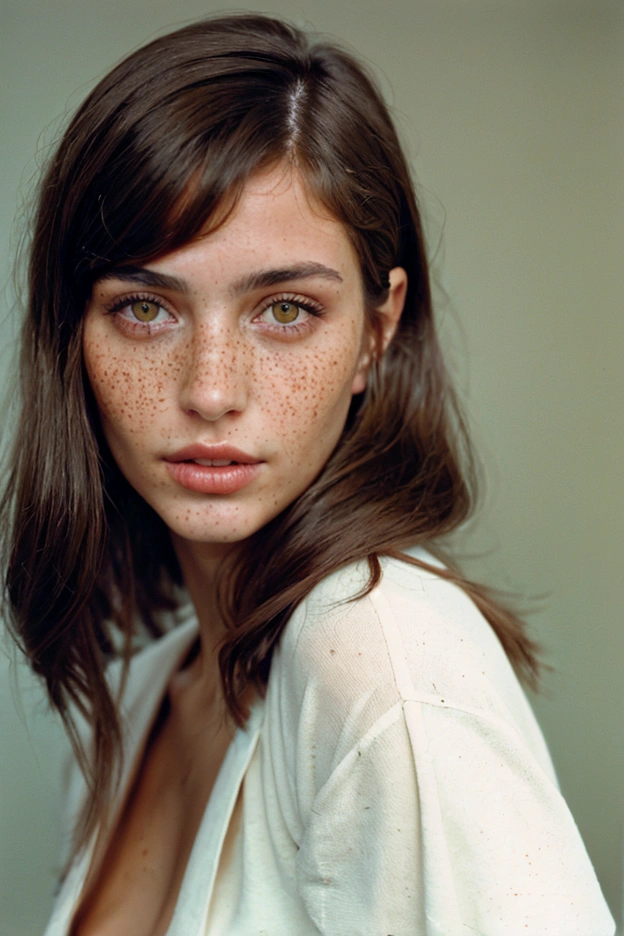 Stunning brunette woman with freckles, Portra 400 film photo, analog inspiration