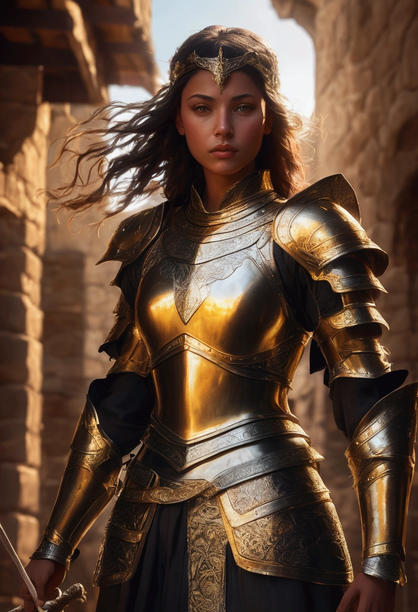 a female warrior goddess in medieval golden armor, highly detailed intricate armor, holding a spear, epic pose, dynamic lighting, dramatic shadows, cinematic composition, photorealistic, masterpiece, 8k, hyper detailed, sharp focus, physically-based rendering