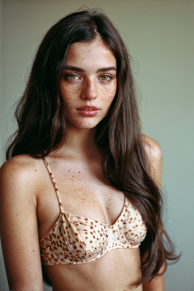 Stunning brunette woman with freckles, Portra 400 film photo, analog inspiration