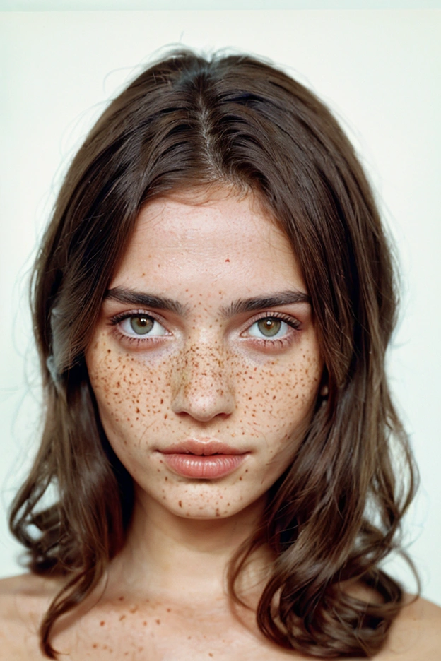 Stunning brunette woman with freckles, Portra 400 film photo, analog inspiration