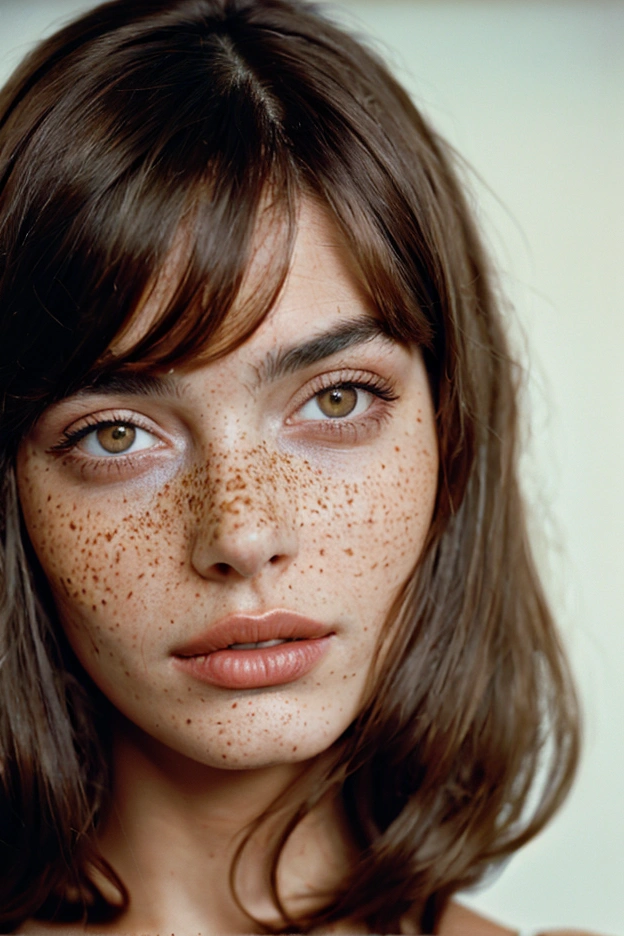 Stunning brunette woman with freckles, Portra 400 film photo, analog inspiration