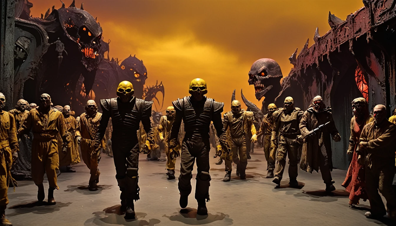 (3D rendering:3.1), in (medium shot) of 4monsters from (Galaxy of Terror, with yellow sky:3.1), inspired by style of Wayne Barlowe and greg rutkowski art, in apocalypse of chaotic world, in background of monsters, robots, daemons, aliens, mutant, explosions, fire and lots of smoke (with Creepy, Sci-Fi, Fantasy and Horror:2.9) retro sci fi, horror movie, horrified, terrified, insane, disgusting, disturbing, Impactful, cgsociety, hyper-detailed, digital illusions, cyberspace, photorealistic, arts visuals. Ultra detailed, RAW photo, (cinematic:2.9), artstation style, concept art, masterpiece, 8k, realistic textures, (3D rendering:3.1),