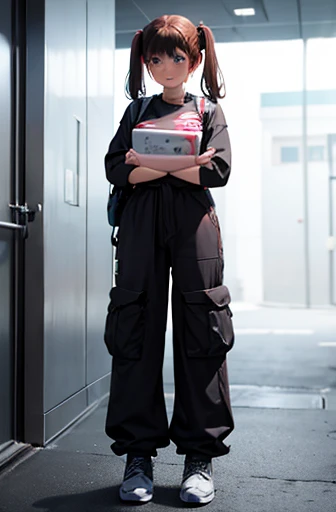 A Female mature robot loves herself. she wears nothing. Her Brown very short pigtails is tied with two big red clothespins, mature, android, blue eyes, full body, Height: 160cm, flushed cheeks, sweat bucket. full body shot, looking straight. Her smile is complete.