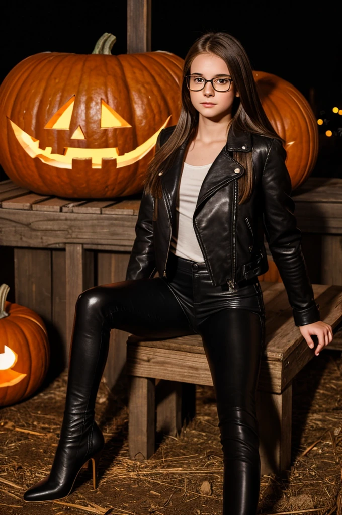 ager girl, pale, wearing glasses brown shoulder length brown straight hair, black leather jacket, black leather leggings, black heels, halloween night setting on a hay bell