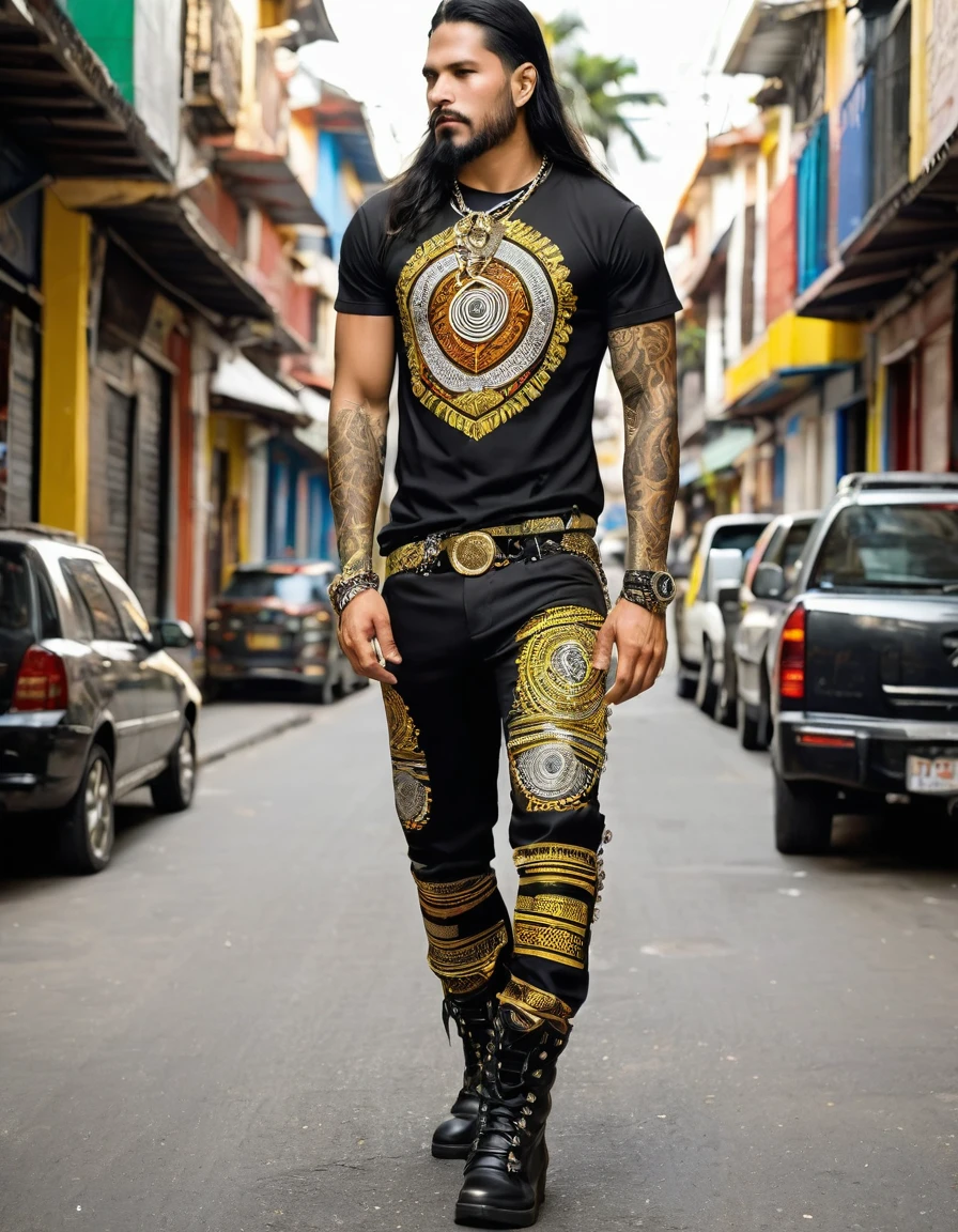 Rocker man with t-shirt with prints of Colombian indigenous designs, like the muiscas, only gold colors, silver and black in the design with the prints Black military pants, with rear chains, buckles and studs.
Military boots or black tennis shoes