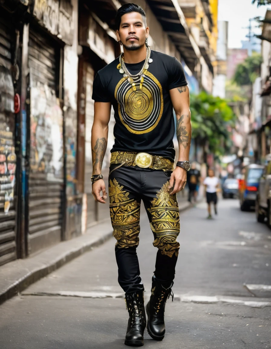 Rocker man with t-shirt with prints of Colombian indigenous designs, like the muiscas, only gold colors, silver and black in the design with the prints Black military pants, with rear chains, buckles and studs.
Military boots or black tennis shoes