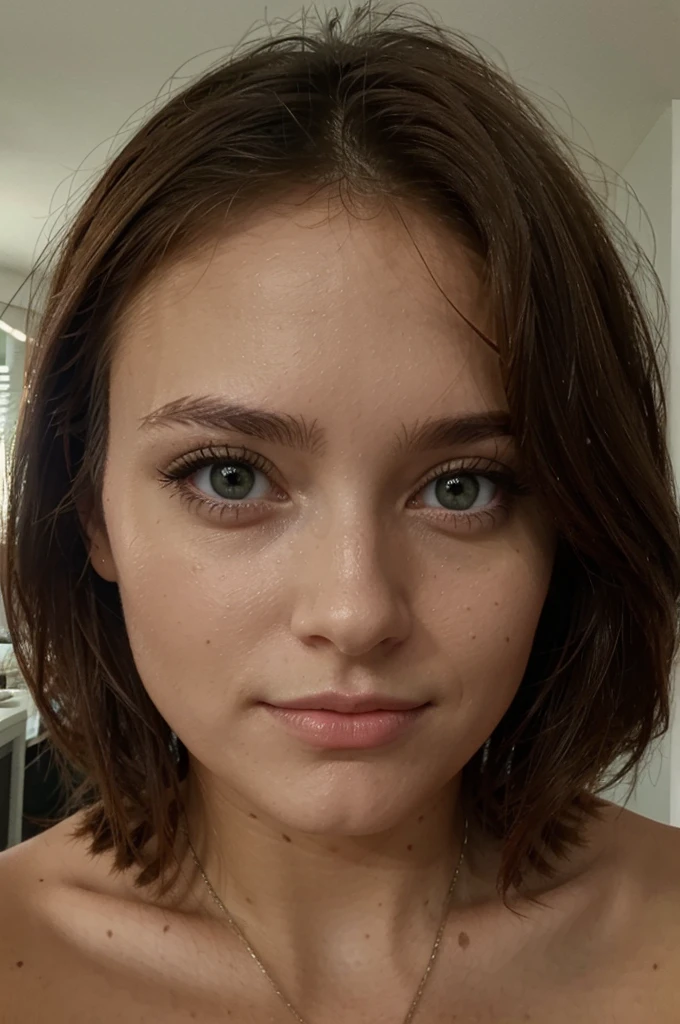 femme brune aux yeux verts selfie dans le mirroir