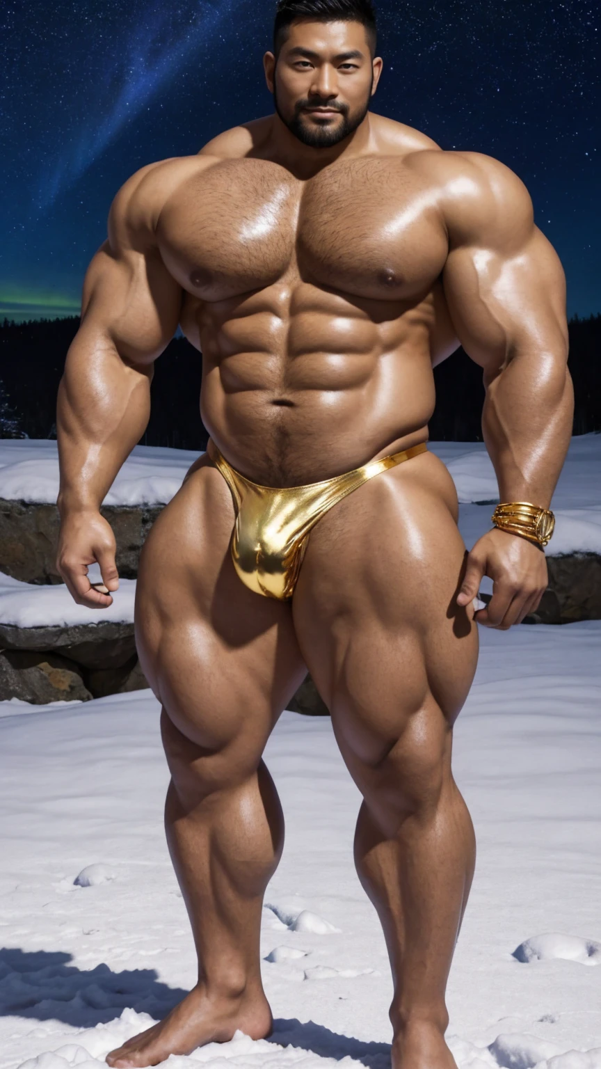 There is only one handsome Chinese man in the photo,35 years old,tall, Fitness,Smooth body,Smooth skin,No chest hair,short hair, O-Shaped Beard,Perfect body, Dark skin color,Radiant Skin,Smooth skin,Shiny, shiny skin,Smooth pectoral muscles,Muscle bulge, muscular, Very large pectoral muscles,Very y abdominal muscles,Very well-developed leg muscles,Huge concave and convex area,Brightens oily skin,Wearing a shiny gold leather thong,Handsome face,Normal human toes,Correct and accurate male body proportions,Gold Collar,Gold bracelet,Gold anklets,Standing in the snow,Night sky,A sky full of stars,There are auroras,Colorful,Charming dream scene,Epic。