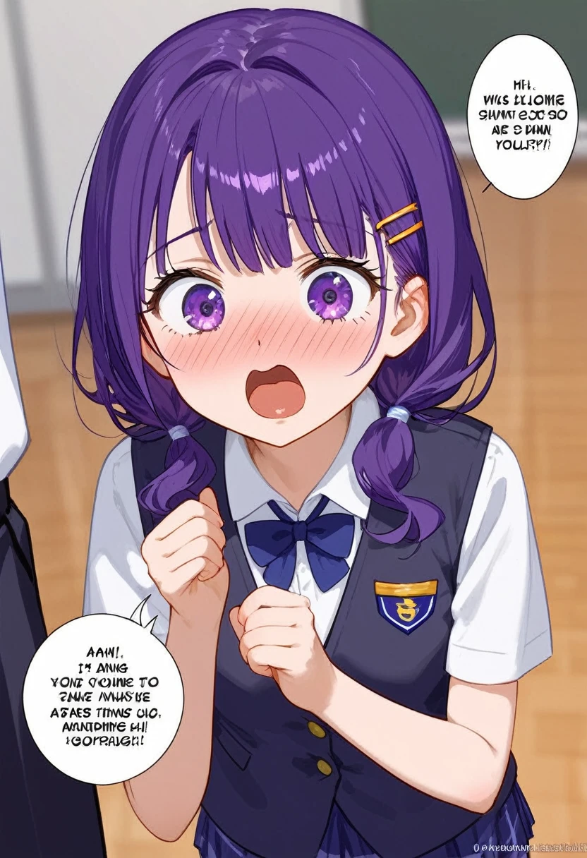 A anime cutscene of a Purple haired anime Girl Wearing Black and purple high school Student council outfit talking to a Nerdy boy who is shocked 