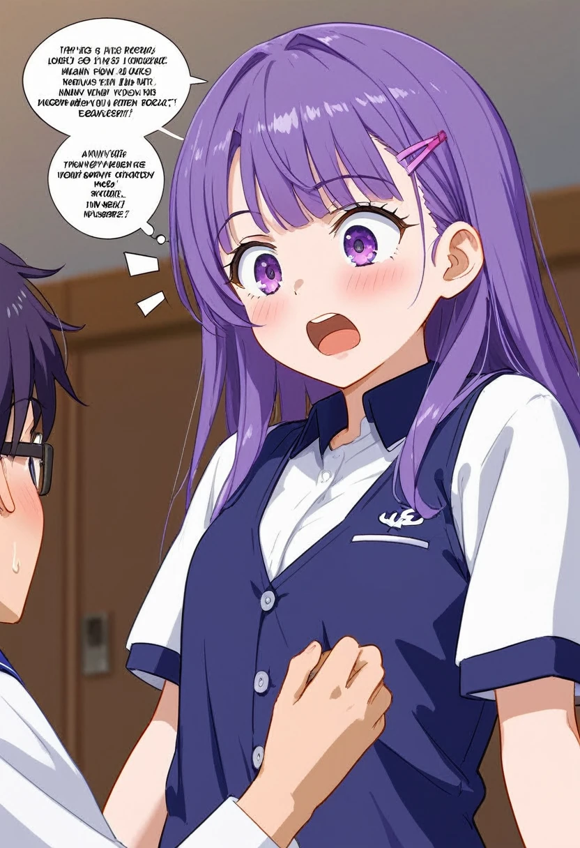 A anime cutscene of a Purple haired anime Girl Wearing Black and purple high school Student council outfit talking to a Nerdy boy who is shocked