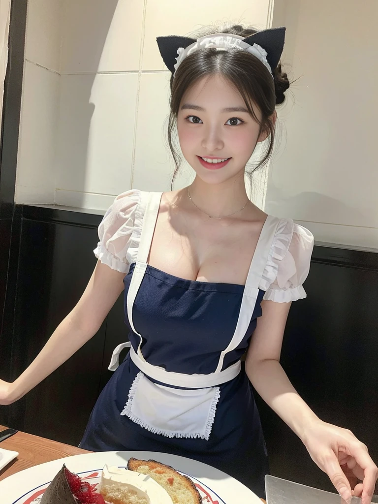 (Super cute Korean high school girl waitress photo:1.2)(grin,Smile)(Beautiful Sweat:1.1)(16K, RAW Photos, Highest quality, masterpiece: 1.2),(Beautiful black hair in a bun) Super detailed, Super Resolution, (Genuine, Genuine photos: 1.37), Portraiture, High-resolution RAW color photos, Professional photos, Very detailed, 8k wallpaper, Very detailed CG Unity 8k wallpaper, Very detailed beautiful girls, Very detailed faces, ((whole body)), beautiful woman, Huge breasts,(huge boobs:1.1) (Big Boobs:1.1), Beauty college student (Naked Apron:1.1),high school girl, Korean Girls,(K-POP Female Idols), (Idol-class beauty)(Beautiful high school girl:1.1)(A lovely restaurant with a huge cake decorated with cat illustrations)(18-year-old)(Waitress costumes:1.1)(Cat Cosplay:1.1)(Animal ears:1.0)(NSFW)Cat headband,from side