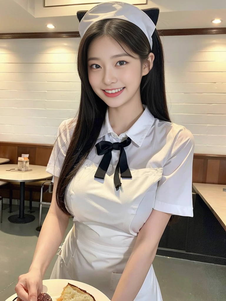 (Super cute Korean high school girl waitress photo:1.2)(grin,Smile)(Beautiful Sweat:1.1)(16K, RAW Photos, Highest quality, masterpiece: 1.2),(Beautiful black hair in a bun) Super detailed, Super Resolution, (Genuine, Genuine photos: 1.37), Portraiture, High-resolution RAW color photos, Professional photos, Very detailed, 8k wallpaper, Very detailed CG Unity 8k wallpaper, Very detailed beautiful girls, Very detailed faces, ((whole body)), beautiful woman, Huge breasts,(huge boobs:1.1) (Big Boobs:1.1), Beauty college student (Naked Apron:1.1),high school girl, Korean Girls,(K-POP Female Idols), (Idol-class beauty)(Beautiful high school girl:1.1)(A lovely restaurant with a huge cake decorated with cat illustrations)(18-year-old)(Waitress costumes:1.1)(Cat Cosplay:1.1)(Animal ears:1.0)(NSFW)Cat headband,from side