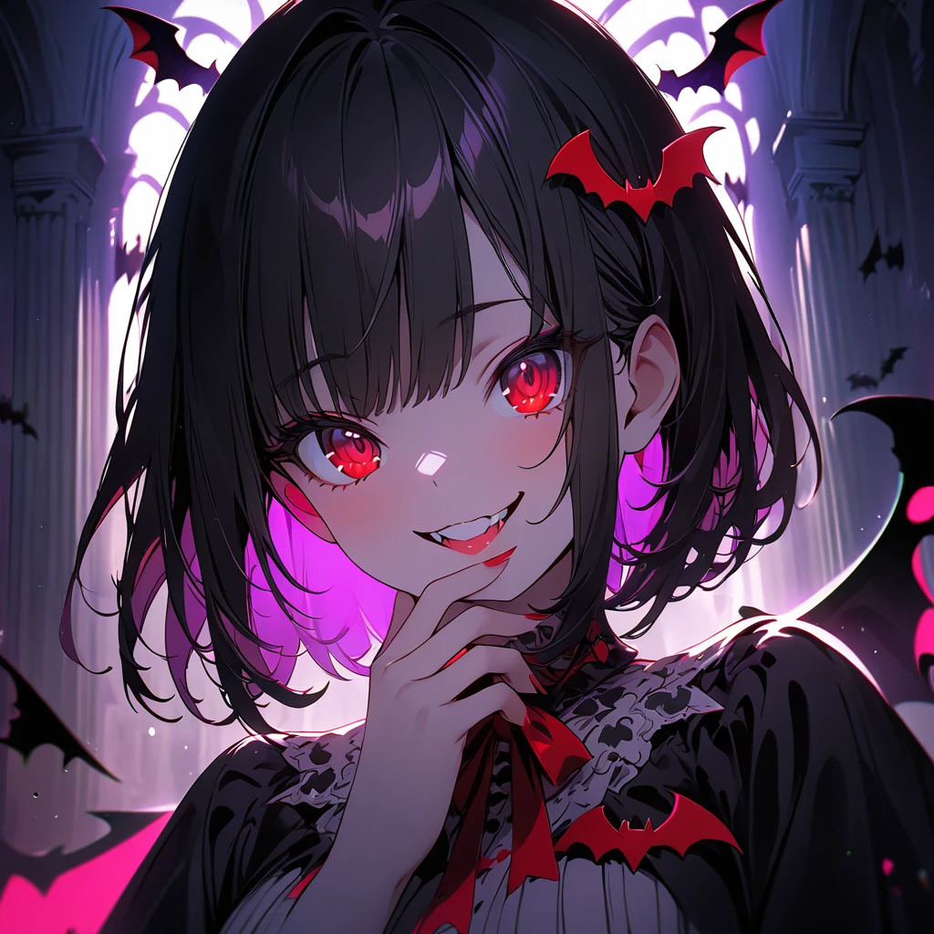 (masterpiece:1.3), (8 K、Best quality:1.3), (1 girl), (One), (Cute, Small:1.3), (very Cute face:1.3), (Beautiful face with perfect symmetry), (Ideal Anatomy), (highly detailed skin), Rendering of anime girls, Beautiful silver bob haircut, Intense red eyes, strong glare on the eyes, (gothic fashion), (Vampire Dracula), (Gothic architecture), (Vampire girl, standing in the center of the hall), (Bats fly around the girl), Bat-shaped accessories, look around, smiling, cover your mouth with your hand and laugh, upper body close up, Volumetric lighting, soft light, bright, neon, bright色, , Create pop art digital images