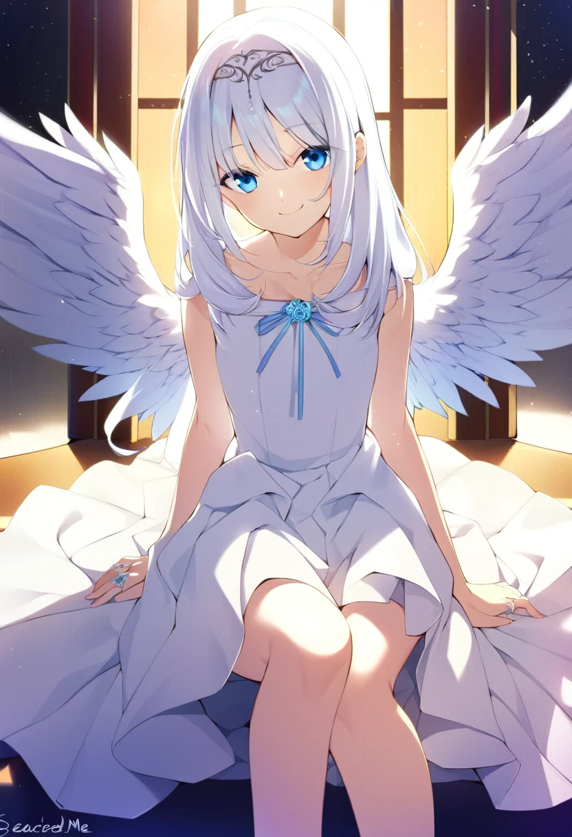 one girl, fallen angel, angel wing, angel ring, sacred, cute, naive, sitting, 15 years old, beautiful, light blue eyes, white dress, white hair, smile gently at me, girl focus, big wing