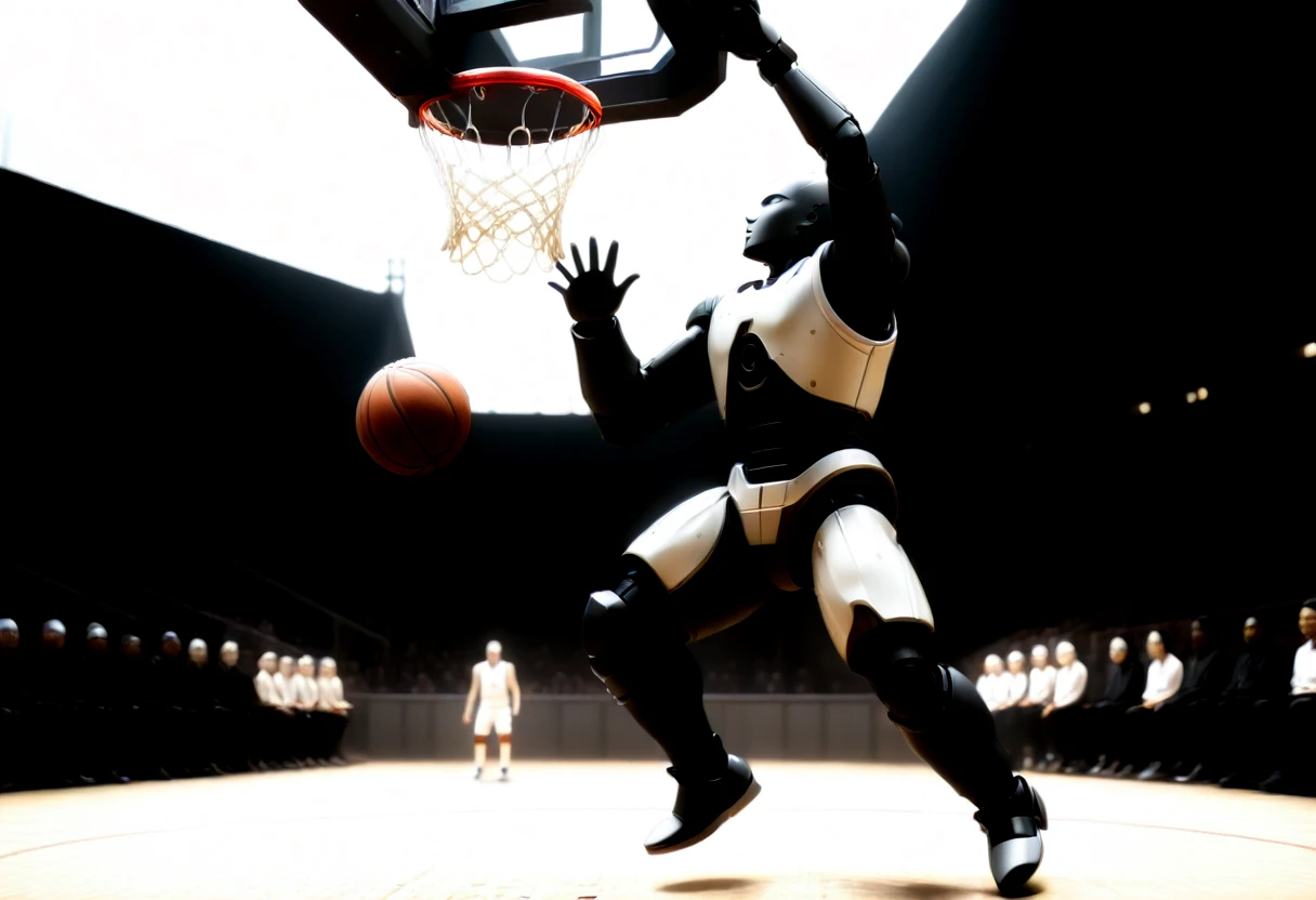 A scene from a Primitive Robots Basketball Game, Primitive Simple Robots Playing Basketball, Game-Winning Dunk Robot, Bottom view, Detailed, Clear, Texture smoothing, 4k