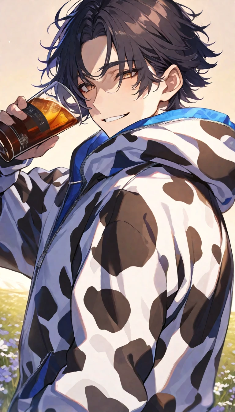 Solo,handsome,
1. male,
bangs,straight hair,Bob Hair,the back of one's neck,
black hair,
Gojo Satoru ,
brown Eyes,Soft look,
beautiful,sexly,Darkness,smile,Have a alcohol drink,
cow-patterned clothes, Full Zip Hoodie,morning sun,simple background ,
meadow background,