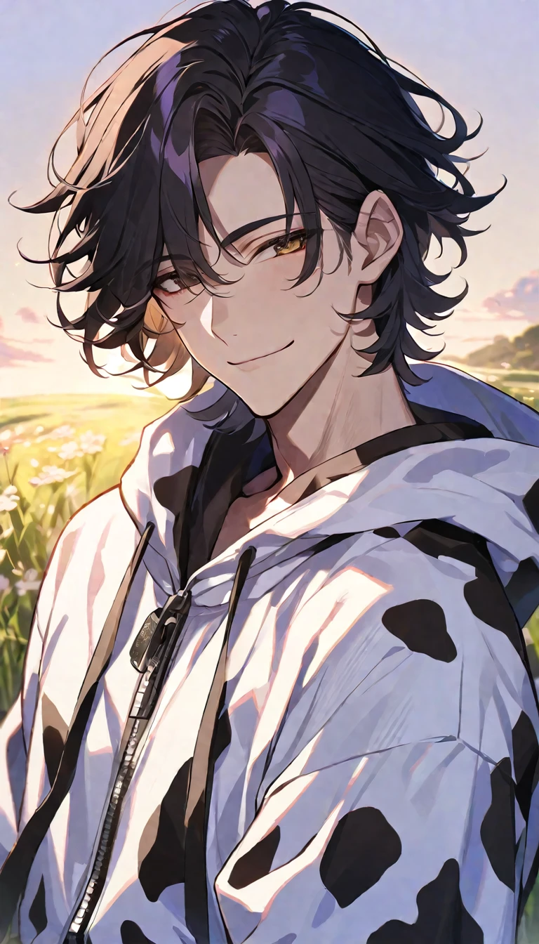 Solo,handsome,
1. male,
bangs,straight hair,Bob Hair,the back of one's neck,
black hair,
Gojo Satoru ,
brown Eyes,Soft look,
beautiful,sexly,Darkness,smile,Have a alcohol drink,
cow-patterned clothes, Full Zip Hoodie,morning sun,simple background ,
meadow background,