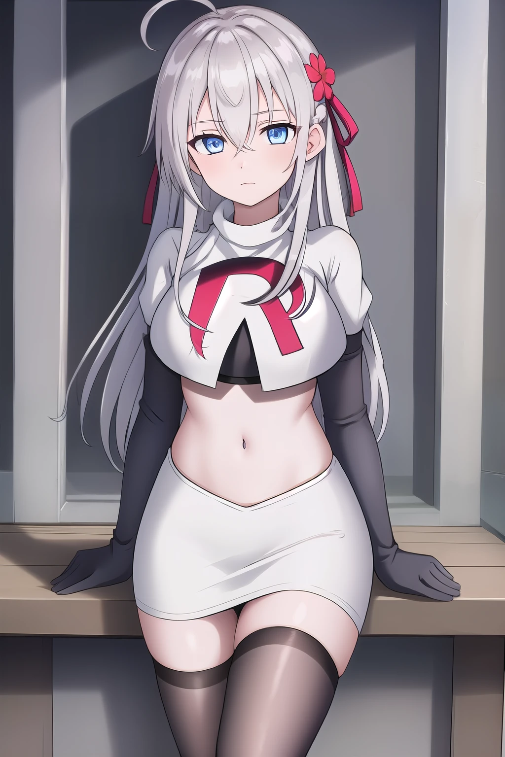 alisa,1girl,solo,long_hair,looking_at_viewer,bangs,blue_eyes,hair_between_eyes,hair_ribbon,ahoge,grey_hair,team rocket,team rocket uniform,white skirt,red letter R,crop top,black thigh-highs,black elbow gloves,flower_field