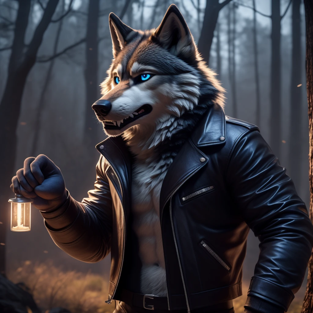 Posing Male, 30 years old, cute, eyeliner, black leather jacket, anthro, wolf ears, (black fur:1.5), wolf, forest background, 8k, hi res, (best quality, masterpiece), (wolf tail:1.5), detailed fur, solo, blue jeens, blue eyes, angery expression, barring teeth