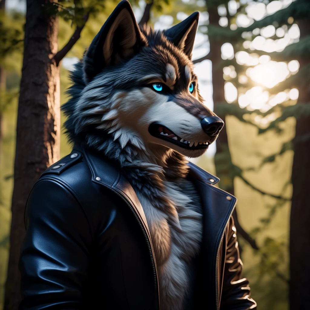 Posing Male, 30 years old, cute, eyeliner, black leather jacket, anthro, wolf ears, (black fur:1.5), wolf, forest background, 8k, hi res, (best quality, masterpiece), (wolf tail:1.5), detailed fur, solo, blue jeens, blue eyes, angery expression, barring teeth