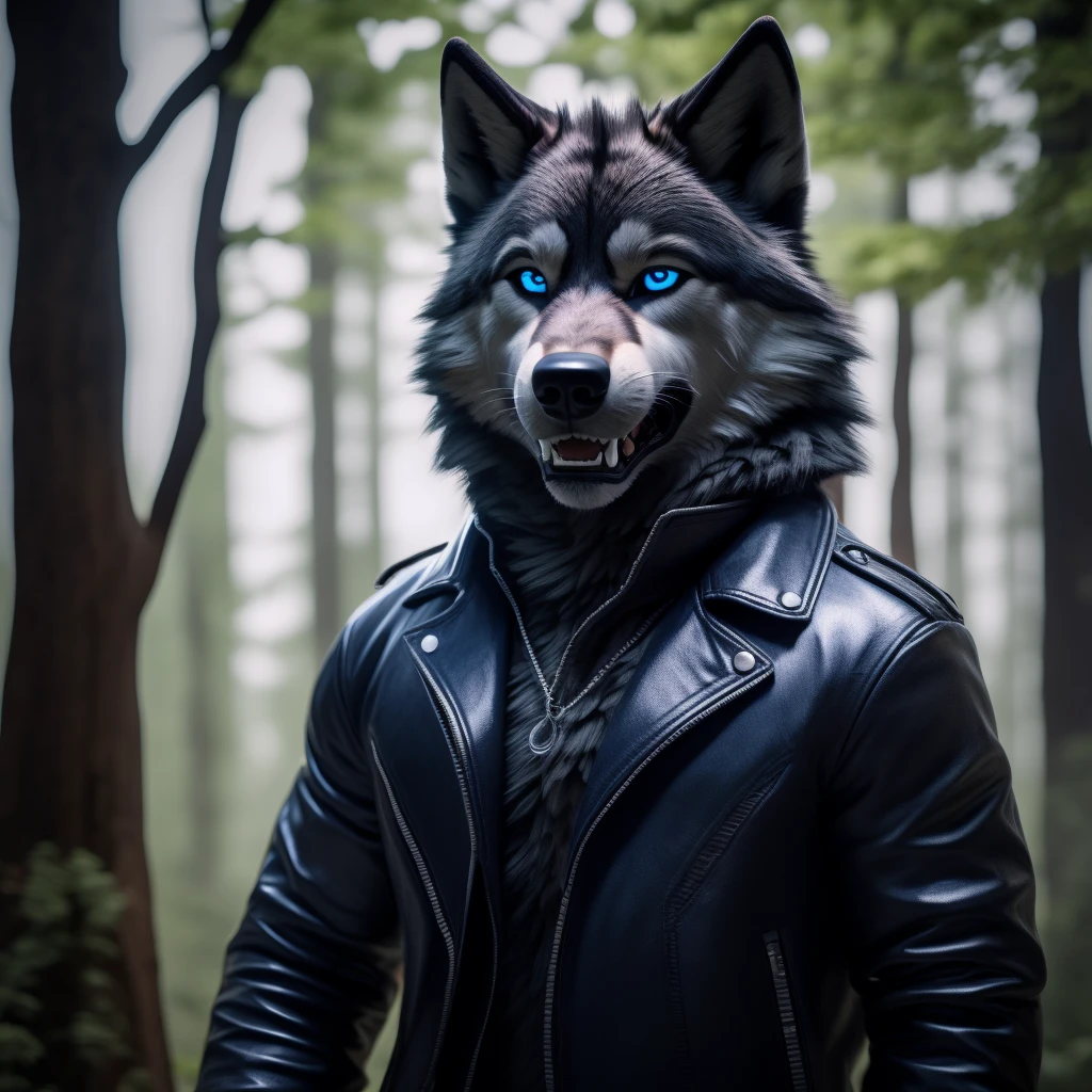 Posing Male, 30 years old, cute, eyeliner, black leather jacket, anthro, wolf ears, (black fur:1.5), wolf, forest background, 8k, hi res, (best quality, masterpiece), (wolf tail:1.5), detailed fur, solo, blue jeens, blue eyes, angery expression, barring teeth