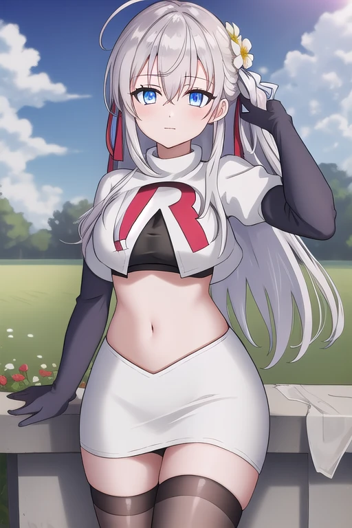 alisa,1girl,solo,long_hair,looking_at_viewer,bangs,blue_eyes,hair_between_eyes,hair_ribbon,ahoge,grey_hair,team rocket,team rocket uniform,white skirt,red letter R,crop top,black thigh-highs,black elbow gloves,flower_field