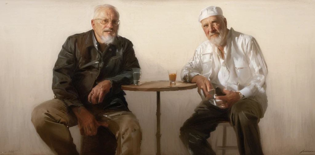 Oil painting of two old men sitting ((best work of art)) ((two elderly men)) ((White background)) bar table, whiskey shots, Brown hair, modern, current white background, Nick Alm, by Andrea Pozzo, Jeremy Lipking, range murata Jeremy Lipking, by Carlo Mense, inspired by Enrique Simonet, sargento marshénnikov, by Michael Ford, krenzcushart, Jeremy Lipking full length shot, by Josep Rovira Soler