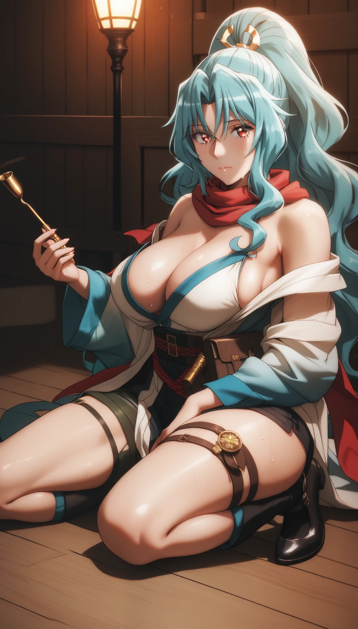 score_9, score_8_up, score_7_up, score_6_up, uncensored, tomoe, blue hair, parted bangs, ponytail, long hair, red eyes, red scarf, BREAK (masterpiece:1.2), best quality, high resolution, (beautiful detailed eyes:1.3), perfect lighting, (perfect hands, perfect anatomy), large breasts, sagging breasts, 1girl, breasts, solo, thigh strap, cleavage, looking at viewer, holding, bare shoulders, black footwear, food, kneeling, off shoulder, thighs, closed mouth, shorts, indoors, holding pipe, bokeh, wooden floor, spotlight, sweating, 