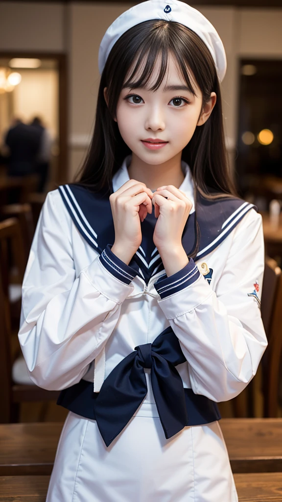 (Tabletop, Highest quality:1.2), 8k, Official Art, RAW Photos, (Upper Body, Sailor suit,:1.4), beautiful girl, Idol's face, Pleated skirt, , Glasses、 Big Breasts Short sleeve, Cinema Lighting, Detailed face, Background blur, 1 girl