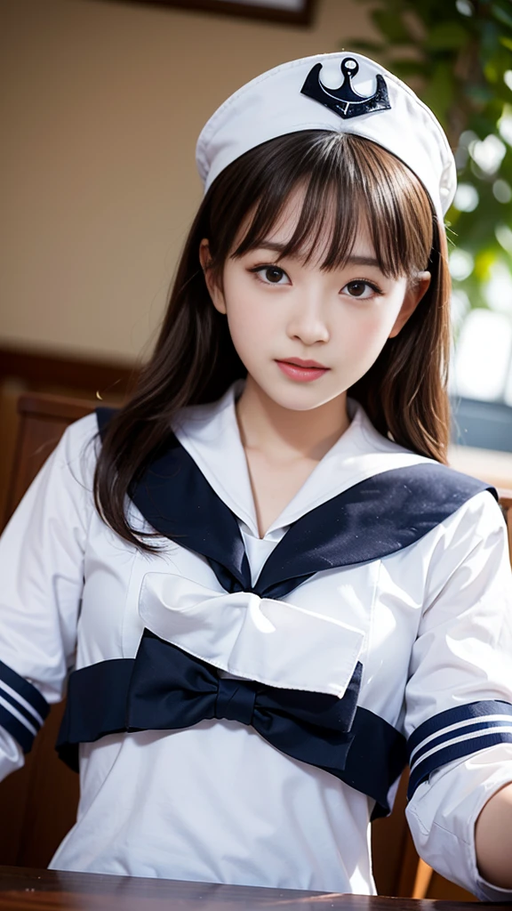 (Tabletop, Highest quality:1.2), 8k, Official Art, RAW Photos,  (Upper Body, Sailor suit,:1.4), beautiful girl, Idol&#39;s face, Pleated skirt, , Glasses、 Big Breasts　Short sleeve,  Cinema Lighting, Detailed face, Background blur, 1 girl